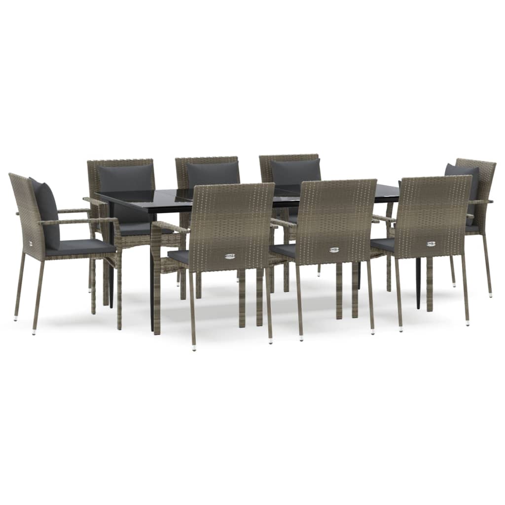 vidaXL Set da Pranzo Giardino 9pz con Cuscini Nero e Grigio Polyrattan