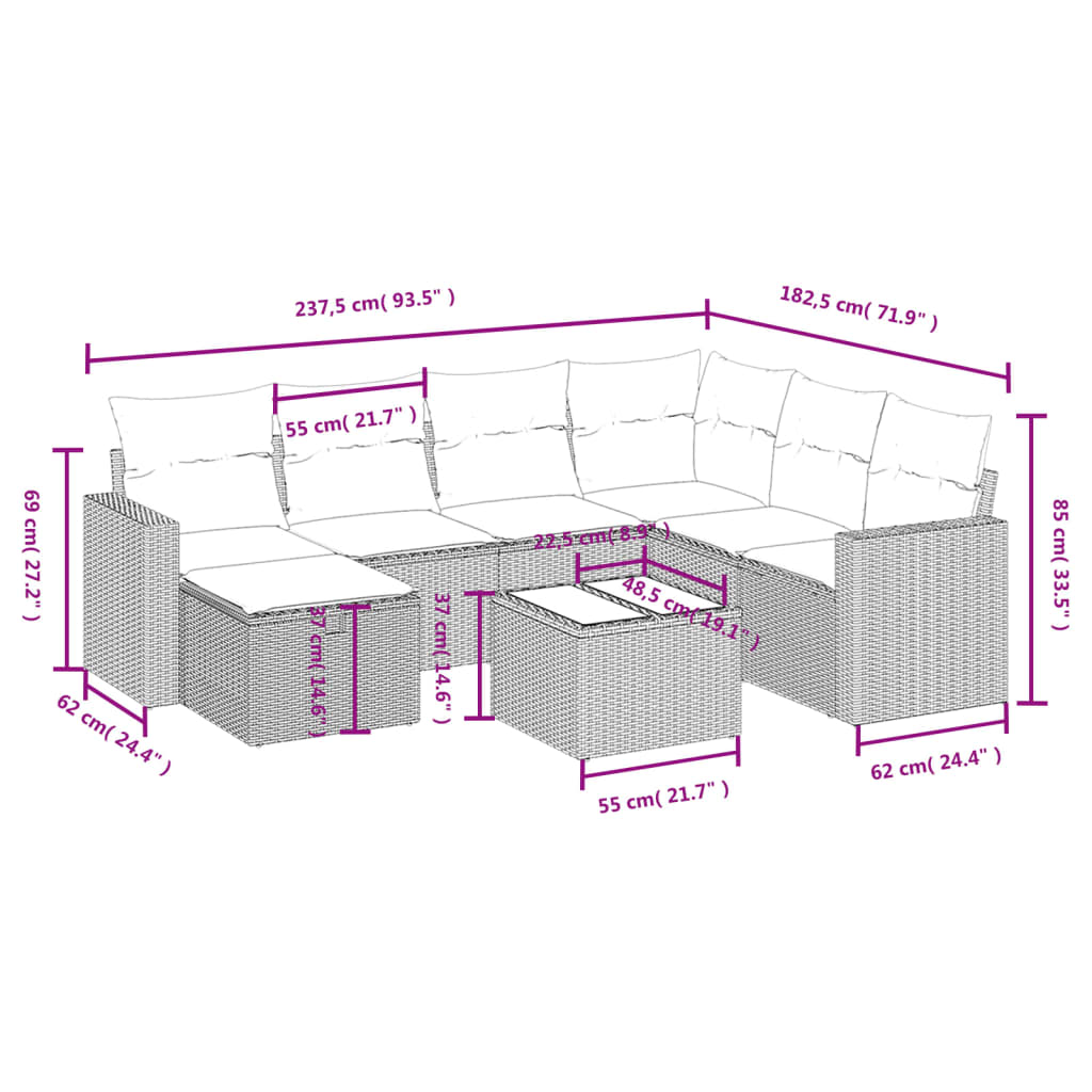 vidaXL Set Divano da Giardino 8pz con Cuscini Grigio Chiaro Polyrattan