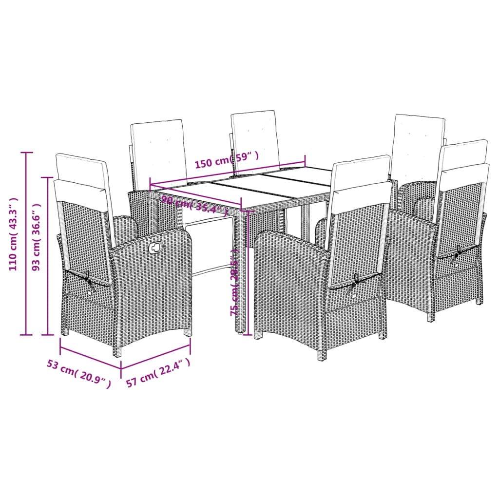 vidaXL Set da Pranzo da Giardino 7 pz Nero con Cuscini in Polyrattan