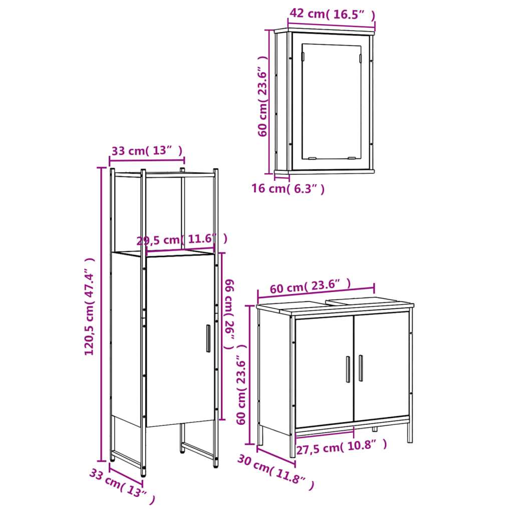 vidaXL Set Mobili da Bagno 3 pz Nero in Legno Multistrato