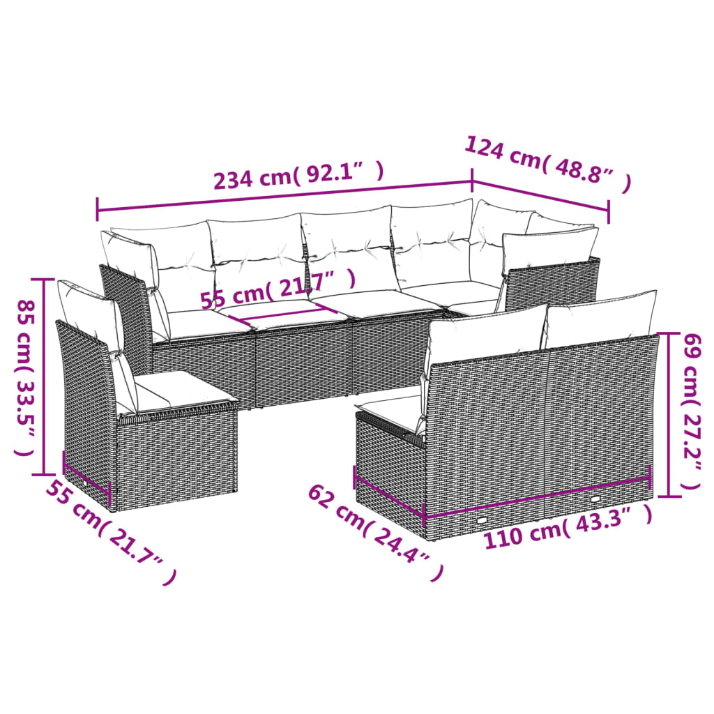 vidaXL Set Divani da Giardino con Cuscini 8 pz Nero in Polyrattan