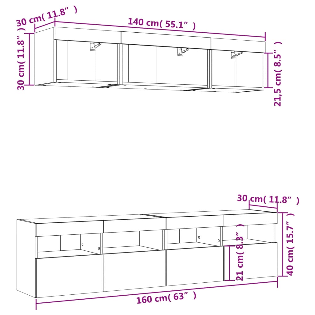 vidaXL Mobili TV a Muro con LED 5pz Neri in Legno Multistrato