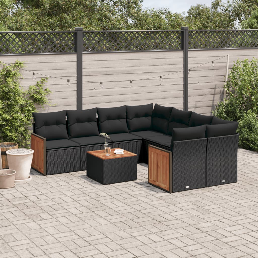 vidaXL Set Divani da Giardino 9 pz con Cuscini Nero in Polyrattan