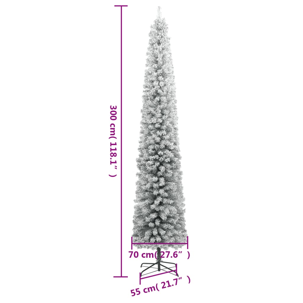 vidaXL Albero di Natale Sottile con Base e Neve Floccata 300 cm PVC