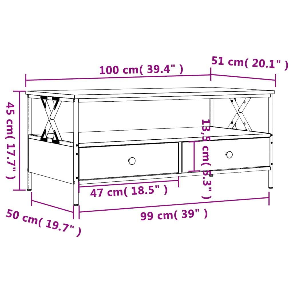 vidaXL Tavolino da Salotto Rovere Sonoma 100x51x45cm Legno Multistrato