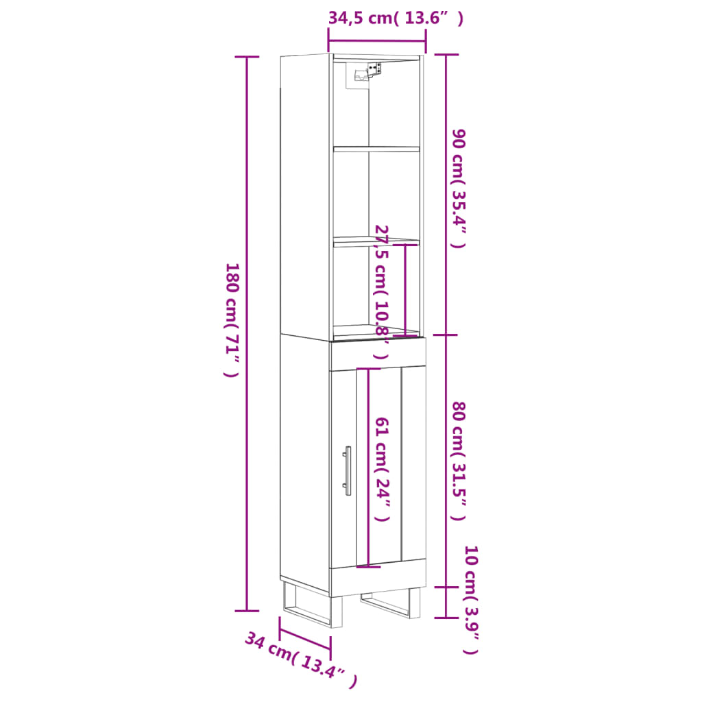 vidaXL Credenza Grigio Cemento 34,5x34x180 cm in Legno Multistrato