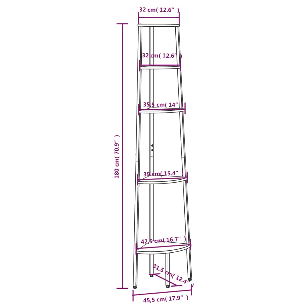 vidaXL Scaffale Angolare 5 Livelli Marrone Chiaro Nero 45,5x31,5x180cm