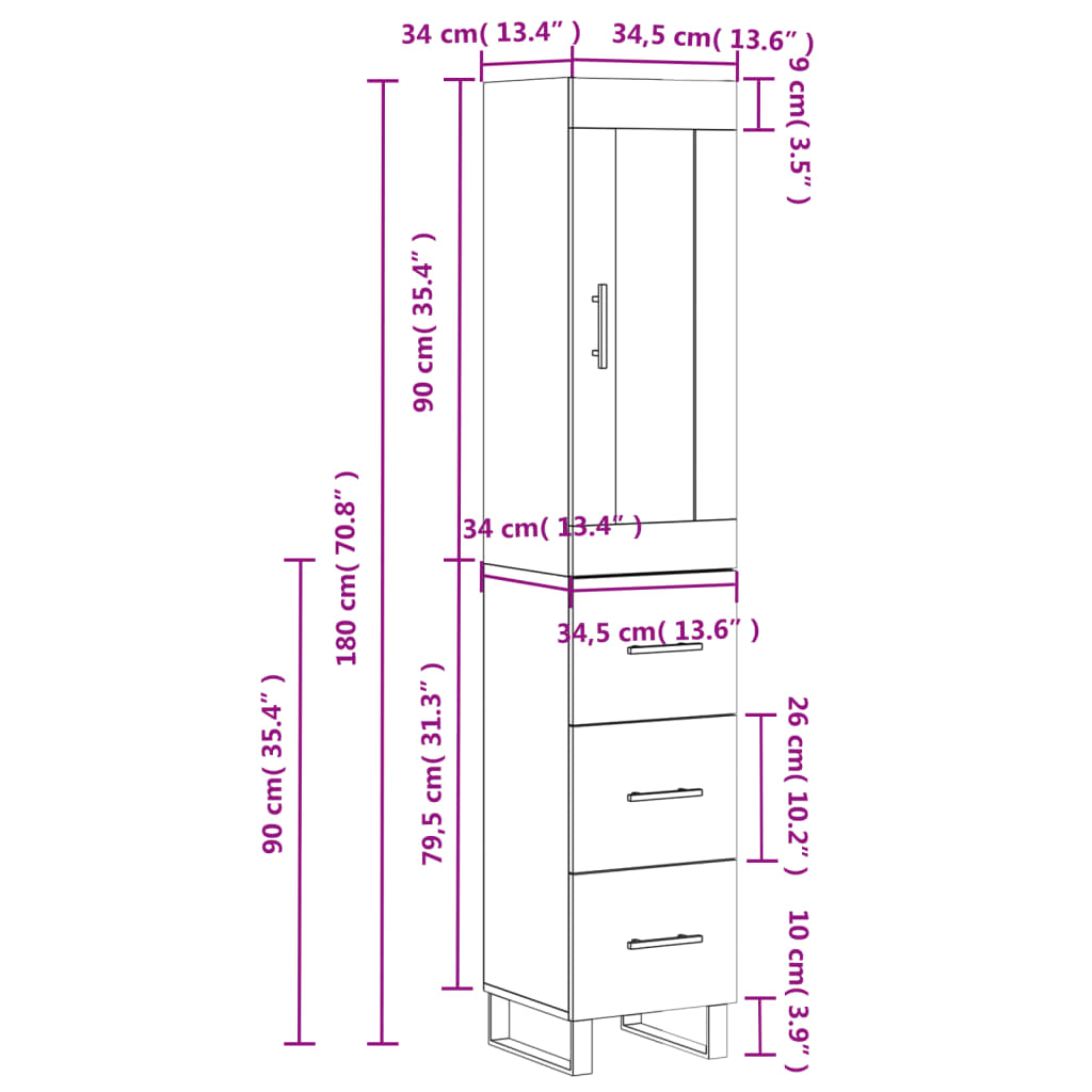 vidaXL Credenza Grigio Sonoma 34,5x34x180 cm in Legno Multistrato