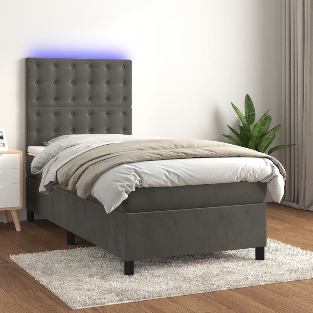 vidaXL Letto a Molle con Materasso e LED Grigio Scuro 90x200cm Velluto