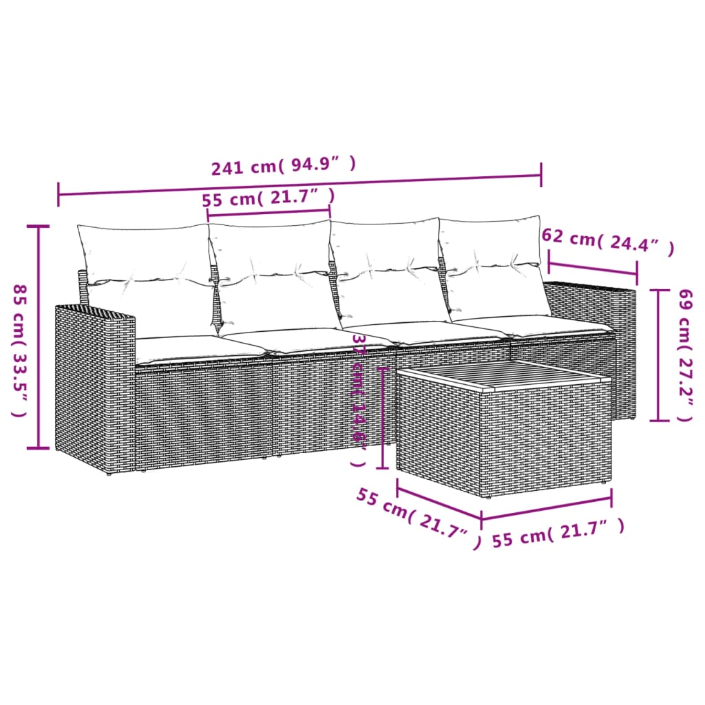 vidaXL Set Divano da Giardino 5 pz con Cuscini Grigio in Polyrattan