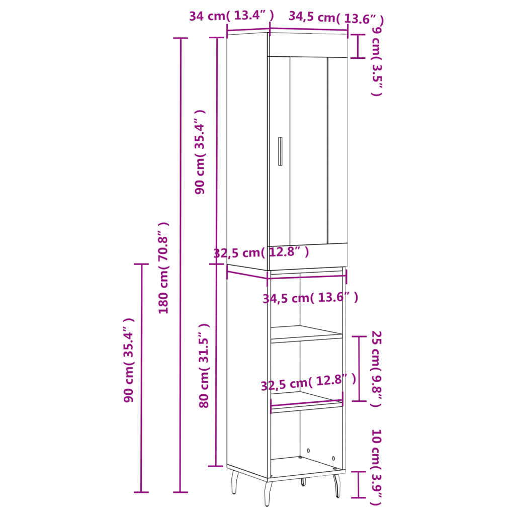 vidaXL Credenza Grigio Cemento 34,5x34x180 cm in Legno Multistrato