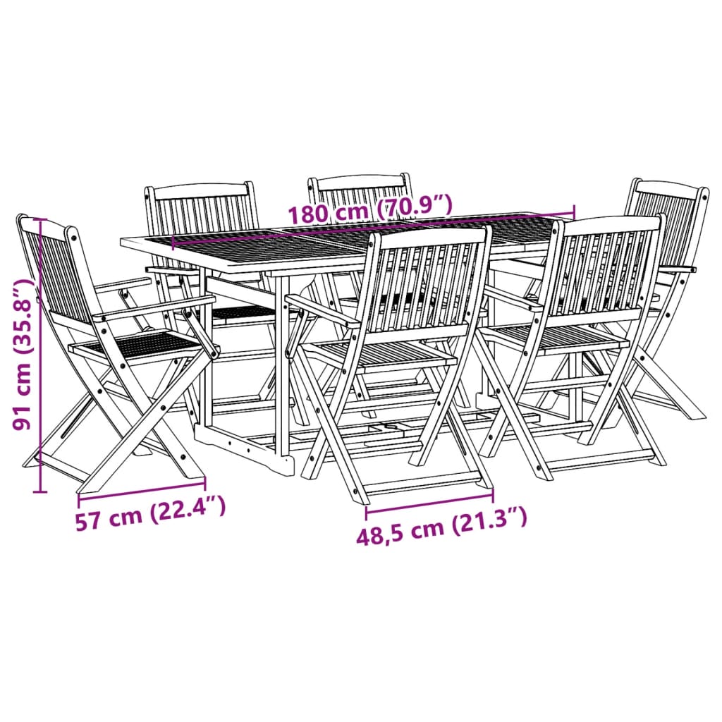 vidaXL Set da Pranzo da Giardino 7pz 180x90x75cm Legno Massello Acacia