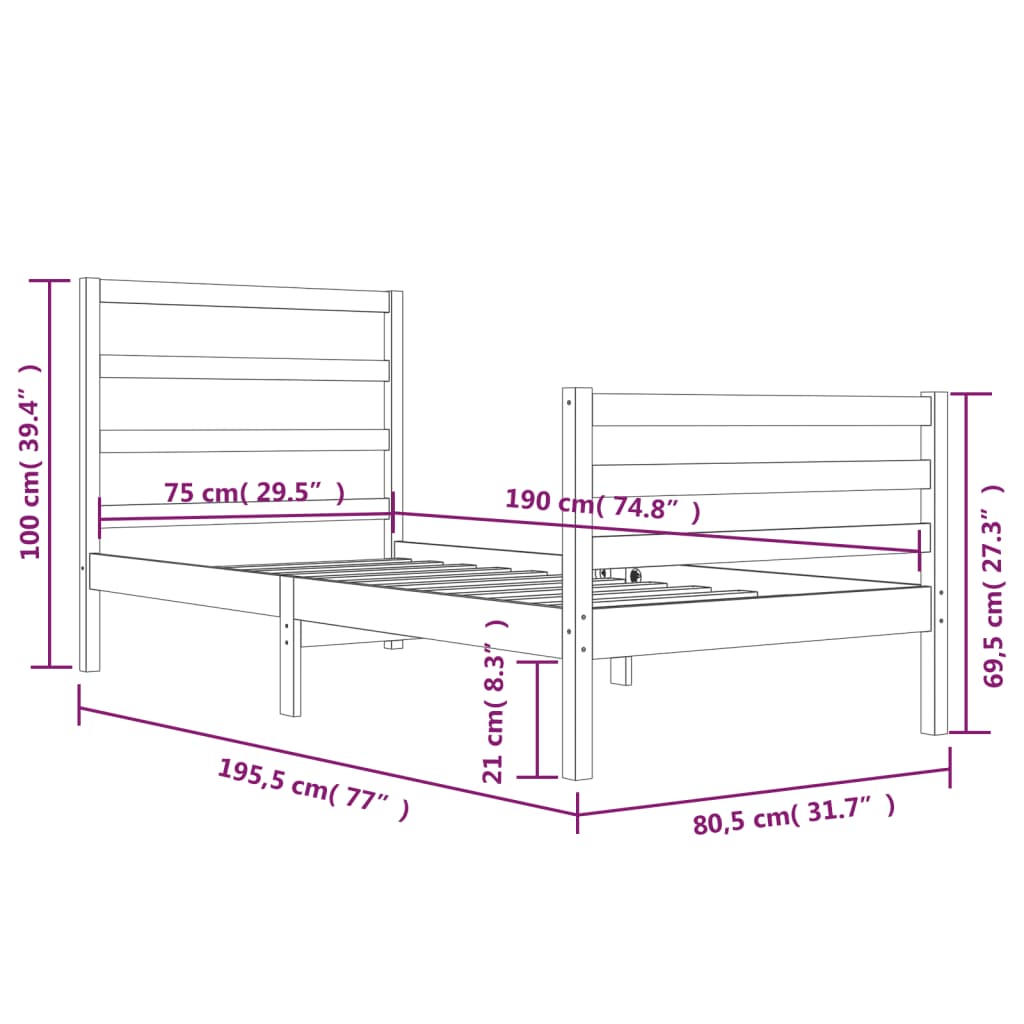 vidaXL Giroletto in Legno Massello Nero 75x190 cm Small Single