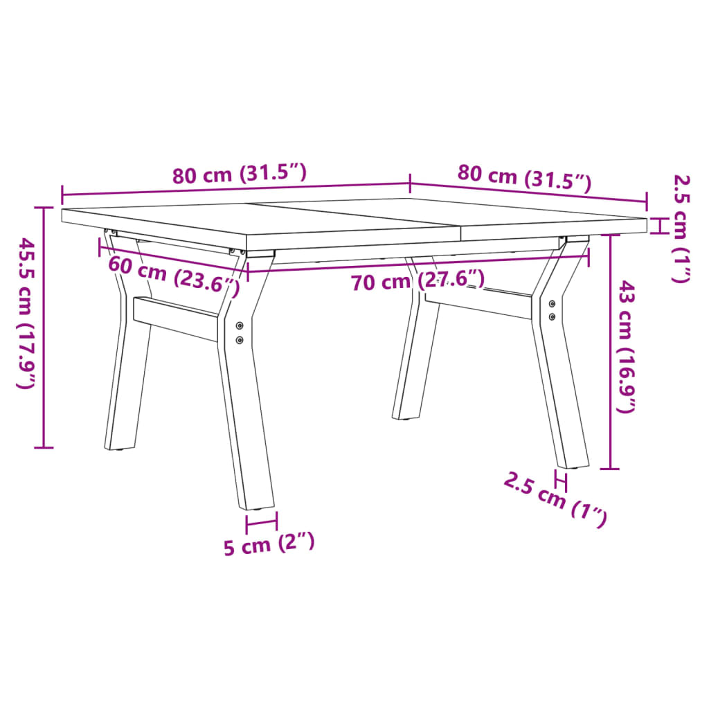 vidaXL Tavolino Salotto Telaio a Y 80x80x45,5cm Legno Pino e Acciaio