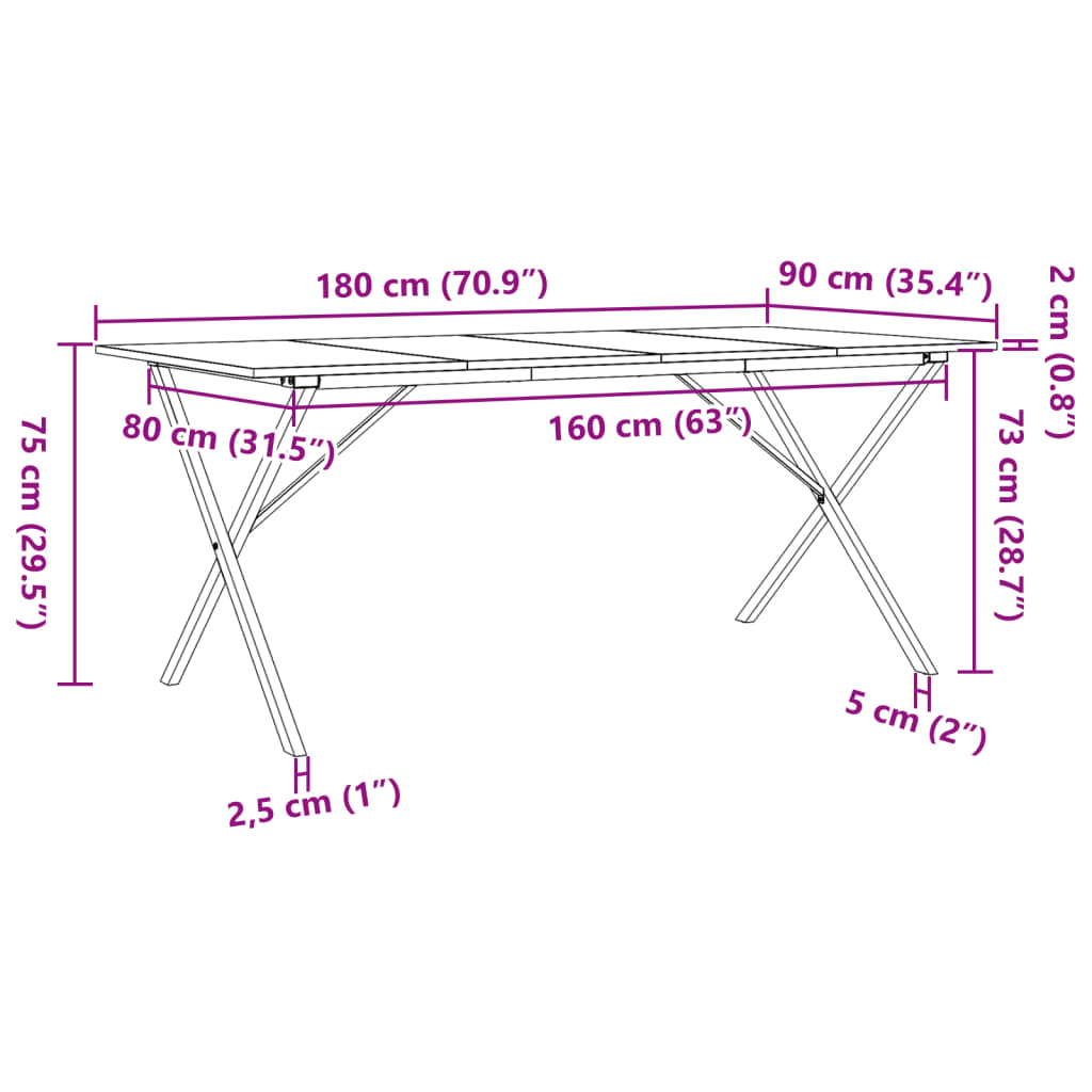 vidaXL Tavolo da Pranzo Telaio a X 180x90x75 cm Massello Pino e Ghisa