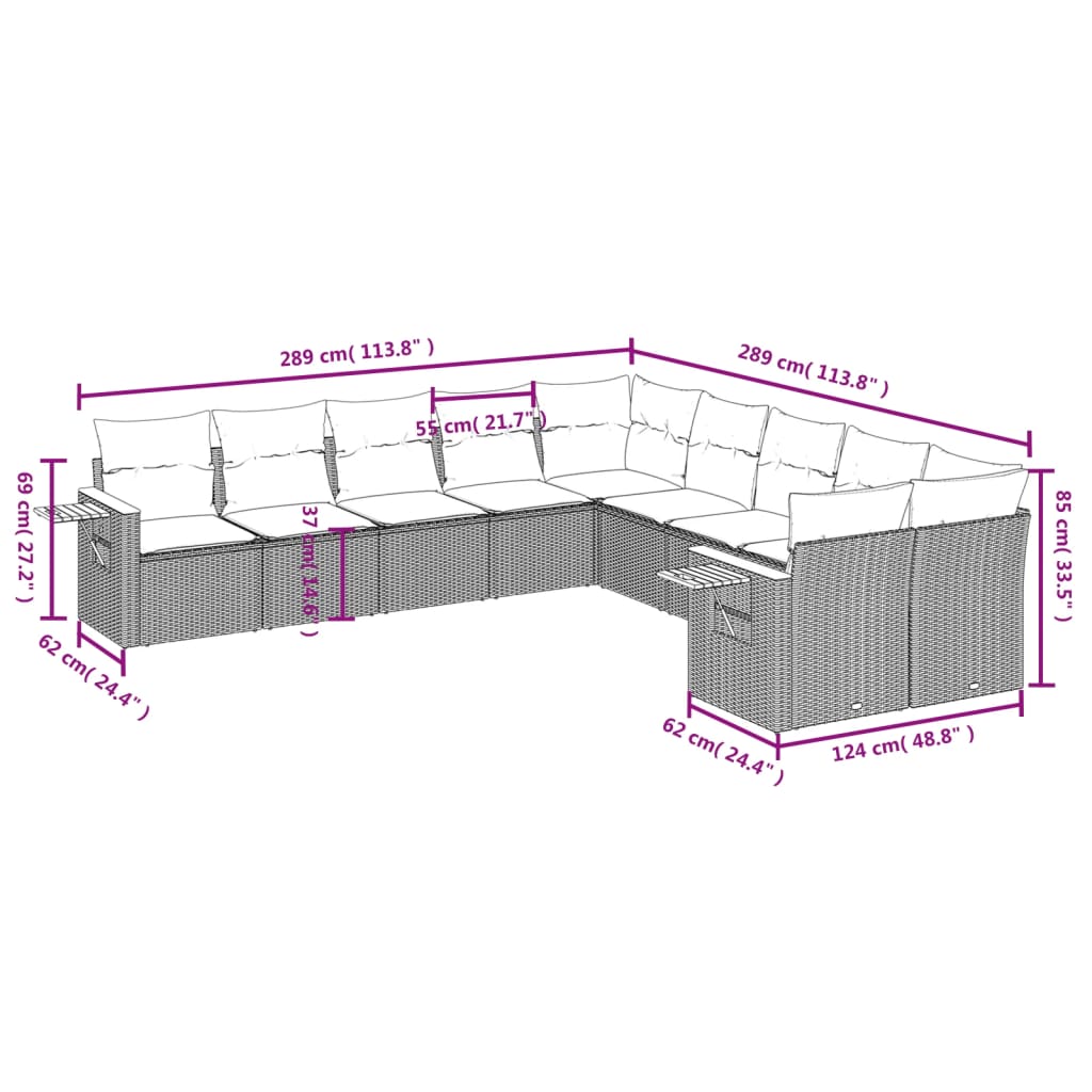 vidaXL Set Divano da Giardino 10 pz con Cuscini Grigio in Polyrattan