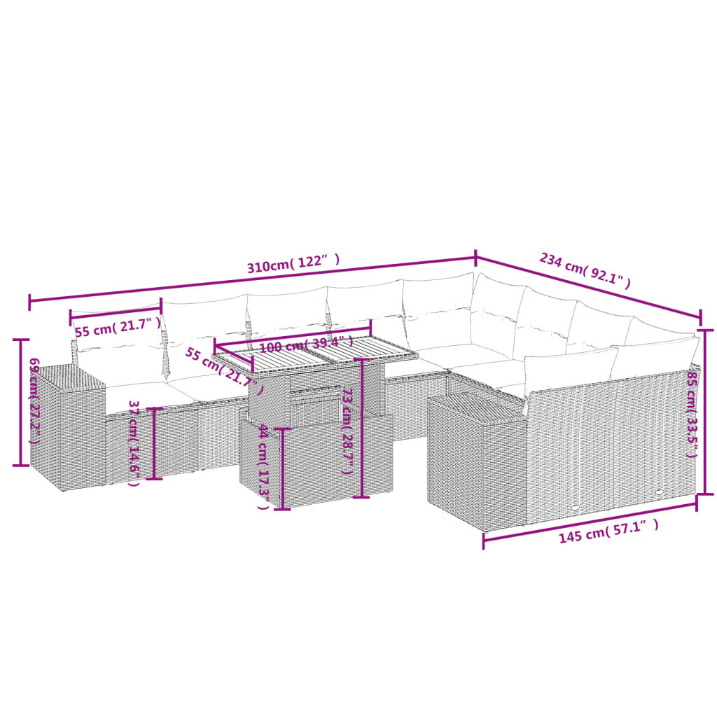 vidaXL Set Divani da Giardino 10pz con Cuscini in Polyrattan Nero