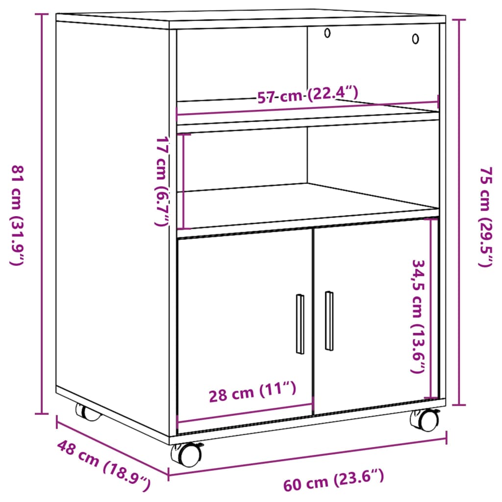 vidaXL Armadietto con Ruote Grigio Sonoma 60x48x81cm in Truciolato