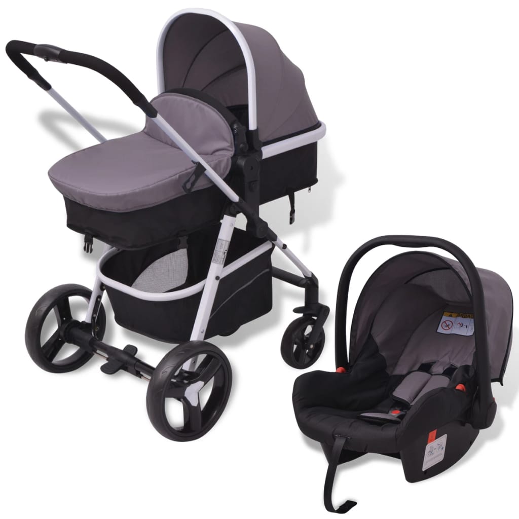 vidaXL Passeggino 3 in 1 in Alluminio Grigio e Nero