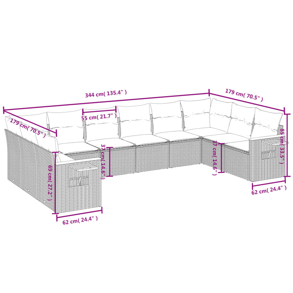 vidaXL Set Divani da Giardino 10pz con Cuscini in Polyrattan Nero