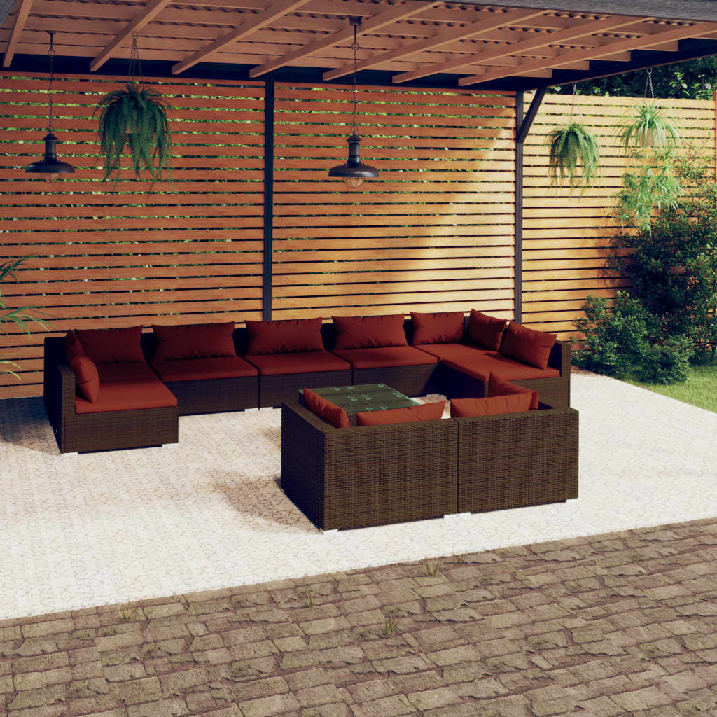 vidaXL Set Divani da Giardino 10 pz con Cuscini in Polyrattan Marrone