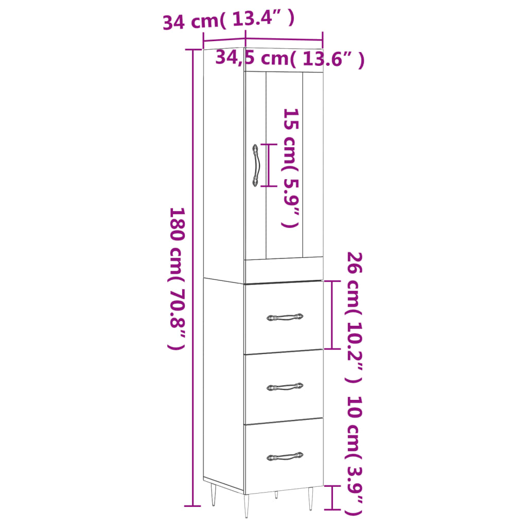 vidaXL Credenza Rovere Fumo 34,5x34x180 cm in Legno Multistrato