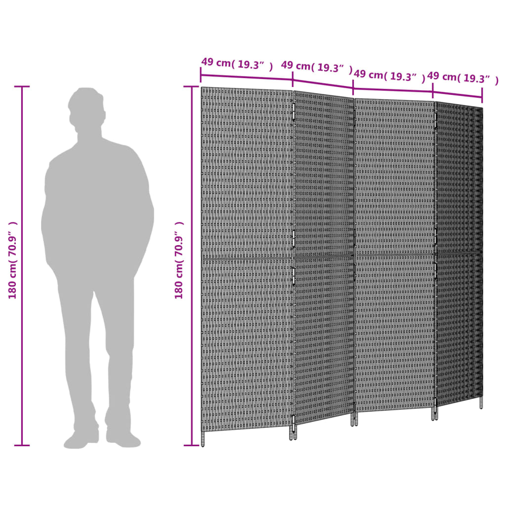 vidaXL Divisorio per Ambienti a 4 Pannelli Nero in Polyrattan