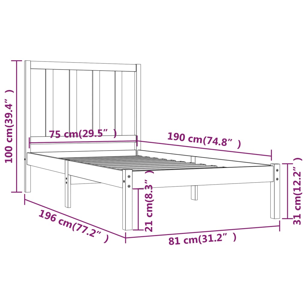 vidaXL Giroletto senza Materaso Ambra in Legno Massello 75x190 cm