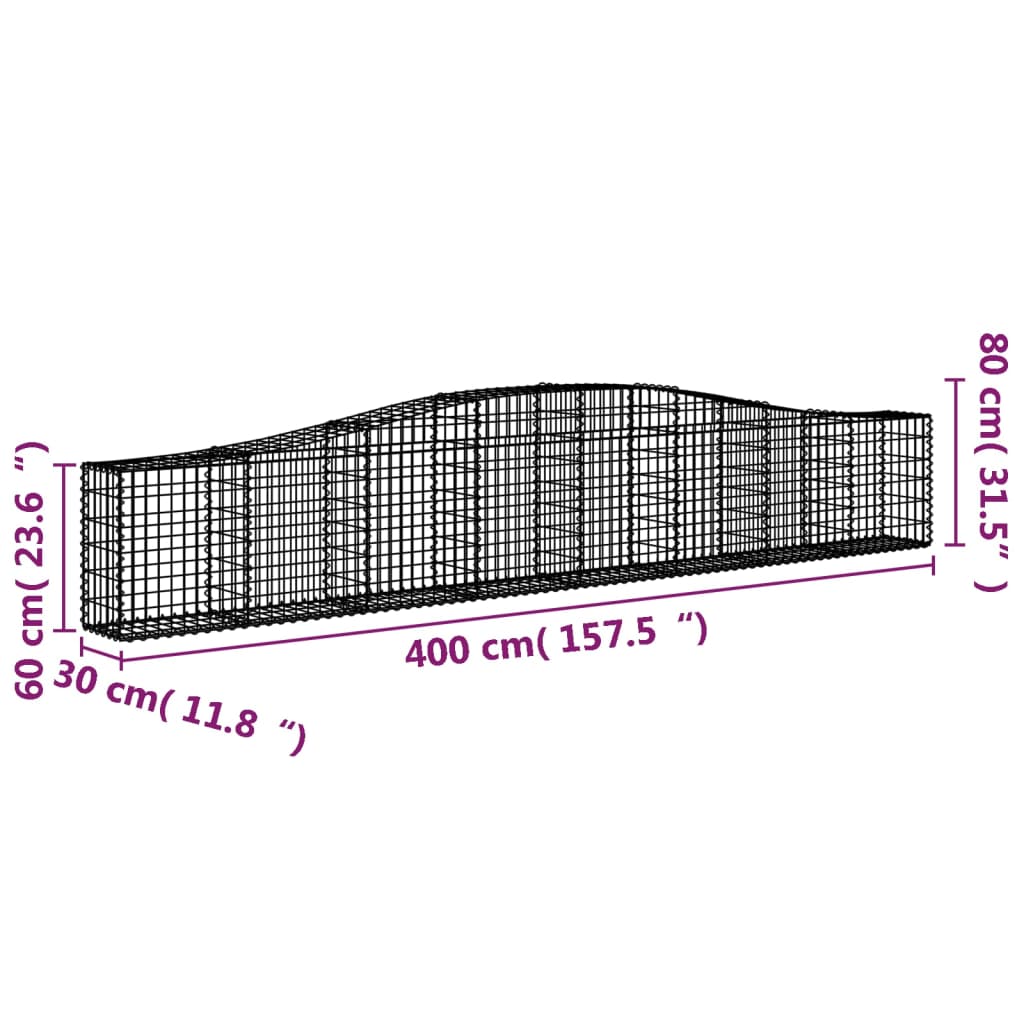 vidaXL Cesti Gabbioni ad Arco 4 pz 400x30x60/80 cm Ferro Zincato