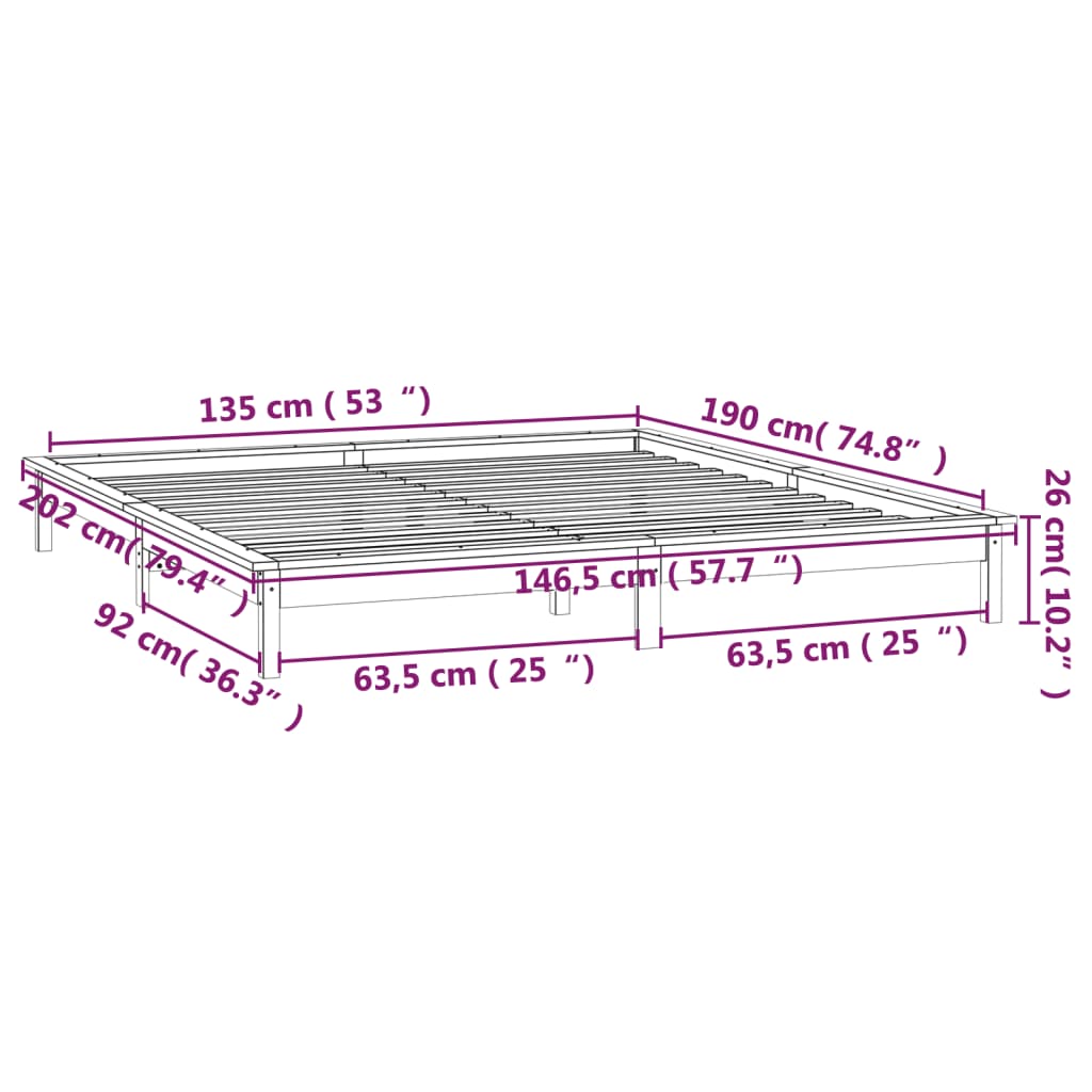 vidaXL Giroletto LED Bianco 135x190 cm Double in Legno Massello