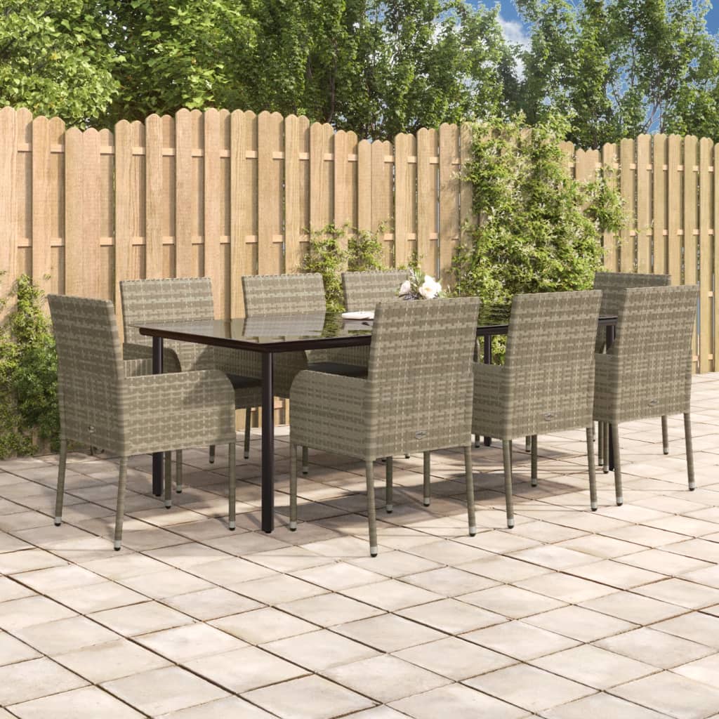 vidaXL Set da Pranzo Giardino 9pz con Cuscini Nero e Grigio Polyrattan