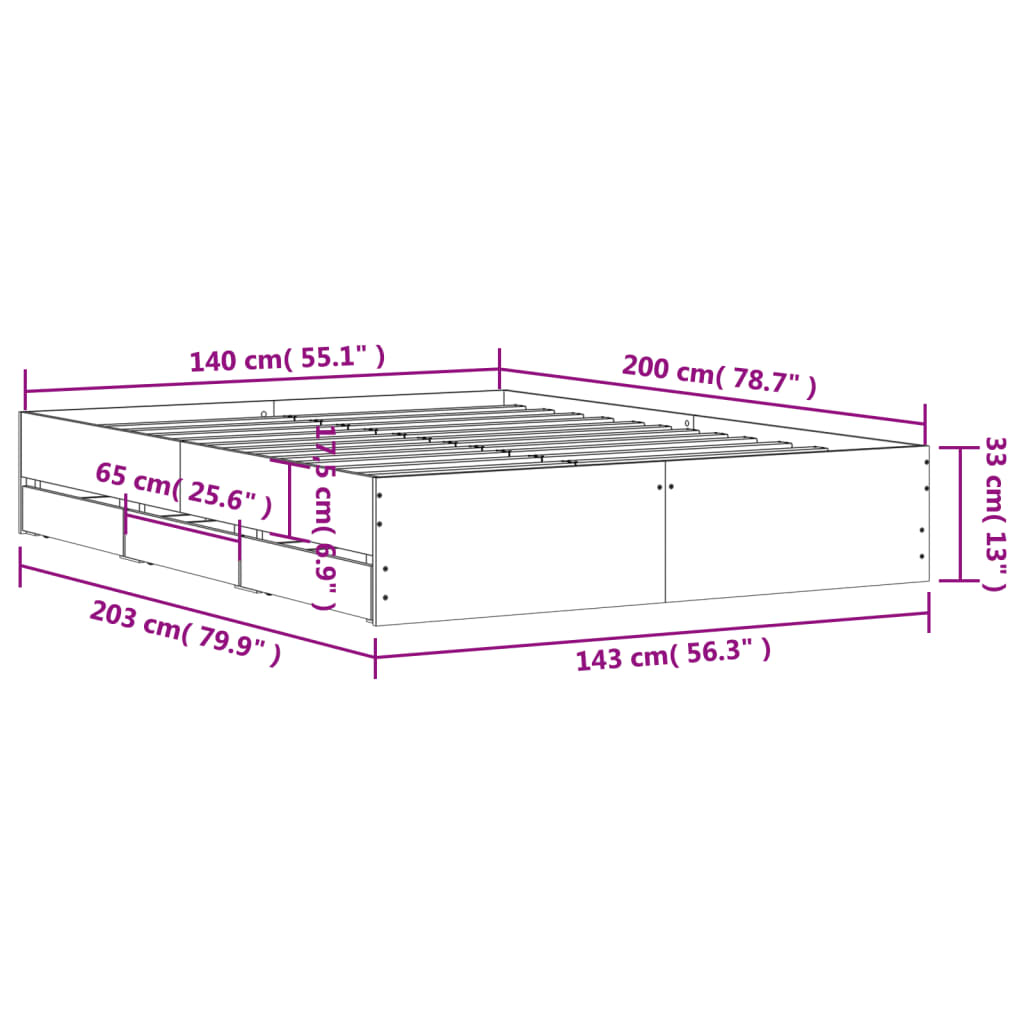 vidaXL Giroletto Cassetti Grigio Sonoma 140x200 cm Legno Multistrato