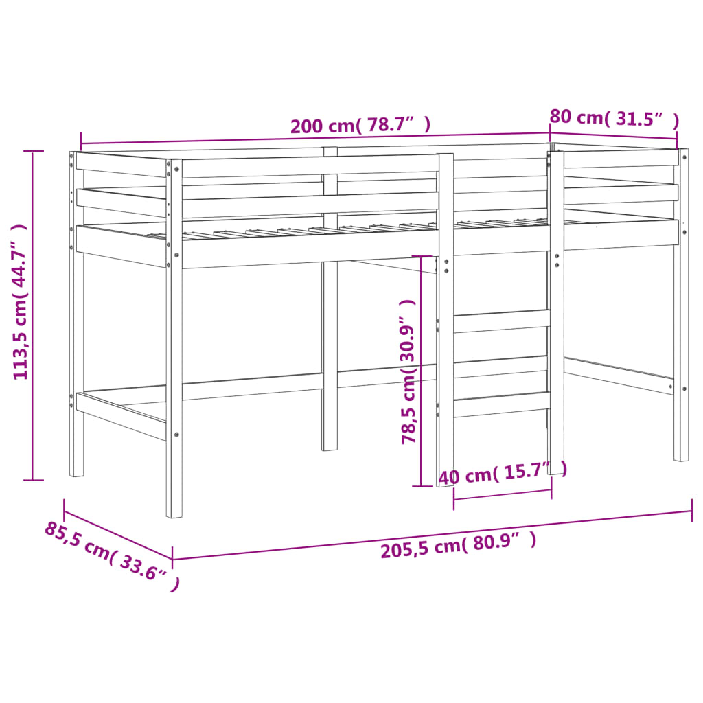 vidaXL Letto a Soppalco con Tende Bambini Bianco e Nero 80x200 cm Pino