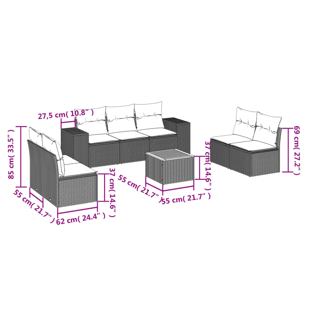 vidaXL Set Divano da Giardino 8 pz con Cuscini Beige in Polyrattan