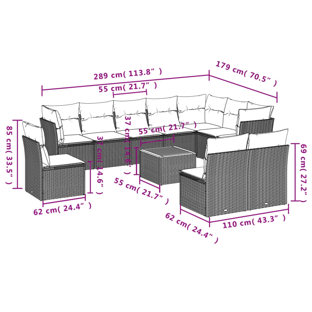 vidaXL Set Divani da Giardino 11 pz con Cuscini in Polyrattan Nero