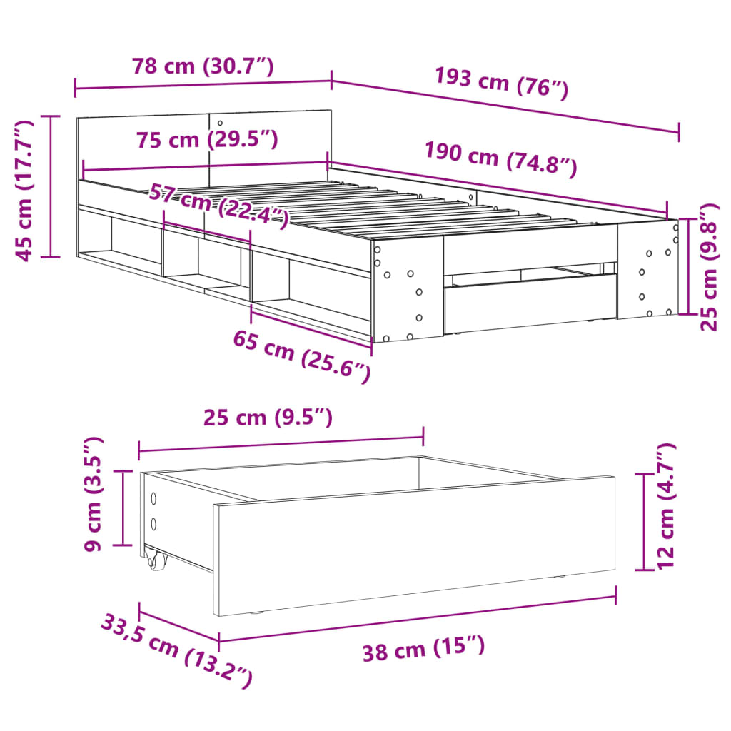 vidaXL Giroletto Cassetto Rovere Marrone 75x190 cm Legno Multistrato