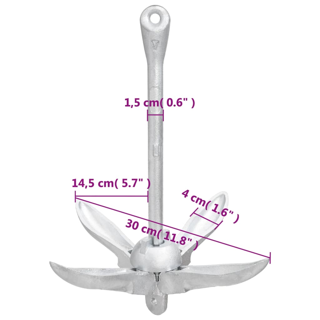 vidaXL Ancora Pieghevole con Corda Argento 1,5 kg in Ferro Malleabile