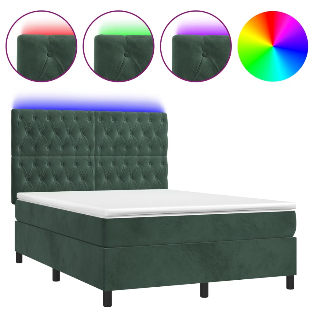 vidaXL Letto a Molle con Materasso e LED Verde Scuro 140x190cm Velluto