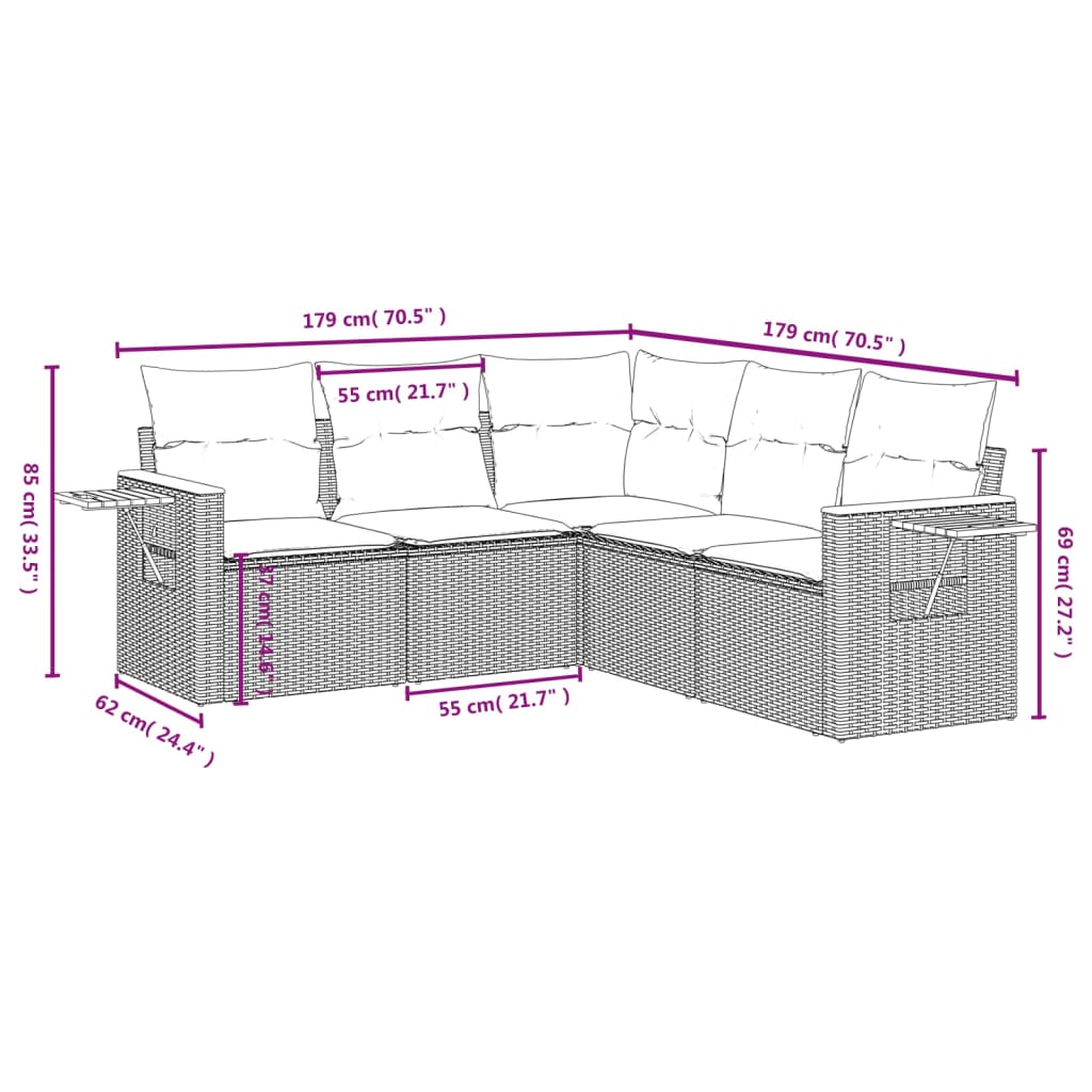 vidaXL Set Divani da Giardino 5 pz con Cuscini in Polyrattan Nero