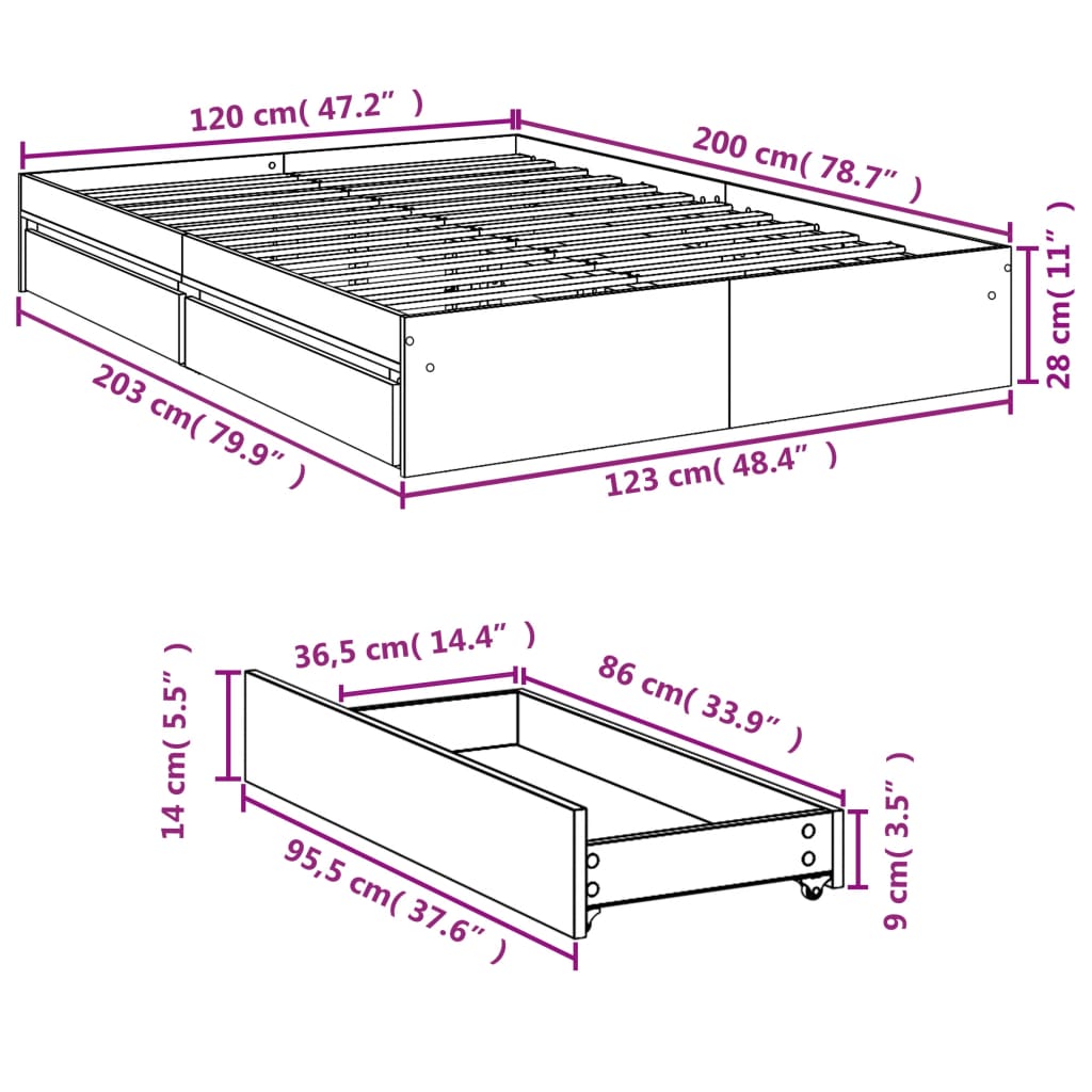 vidaXL Giroletto Cassetti Grigio Sonoma 120x200 cm Legno Multistrato