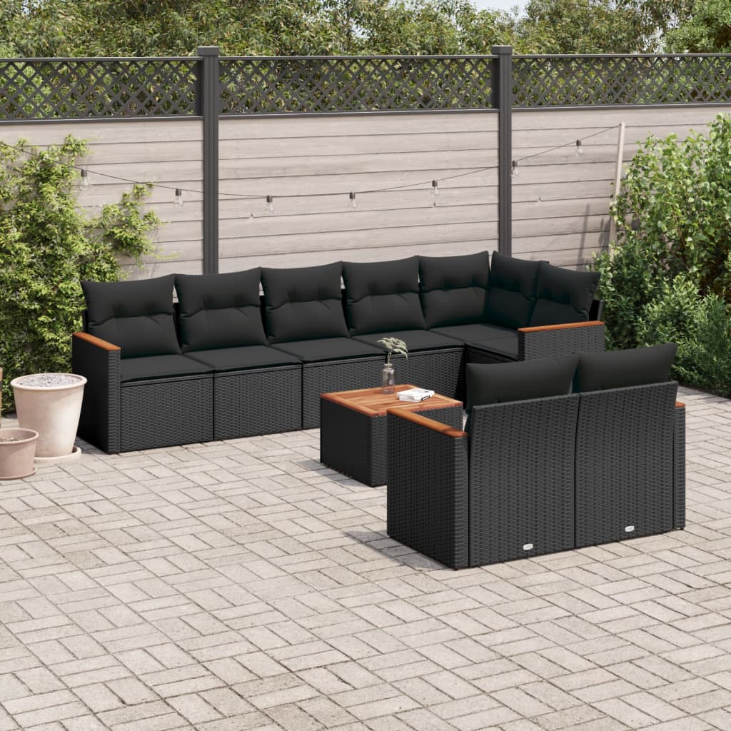 vidaXL Set Divani da Giardino 9 pz con Cuscini Nero in Polyrattan