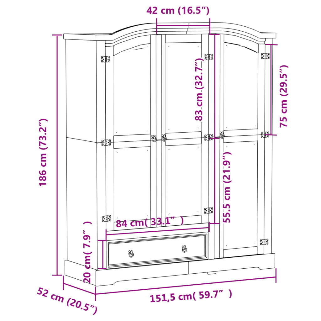 vidaXL Armadio Corona Bianco 151,5x52x186 cm in Legno Massello di Pino