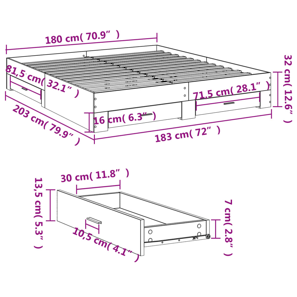 vidaXL Giroletto Cassetti Rovere Sonoma 180x200 cm Legno Multistrato