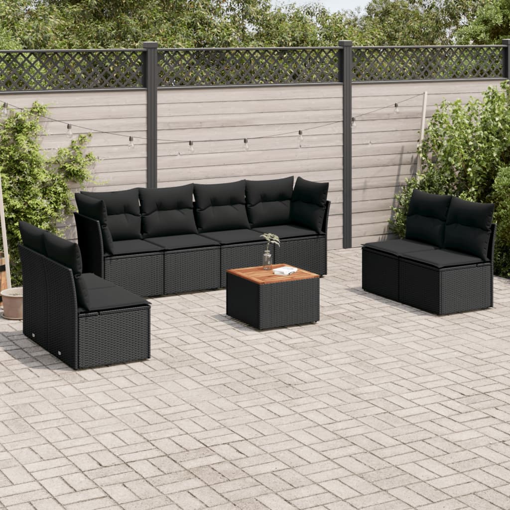 vidaXL Set Divani da Giardino 9 pz con Cuscini Nero in Polyrattan