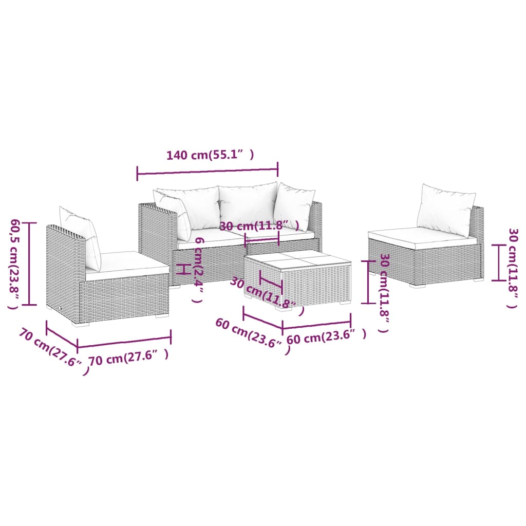 vidaXL Set Divani da Giardino 5 pz con Cuscini in Polyrattan Grigio