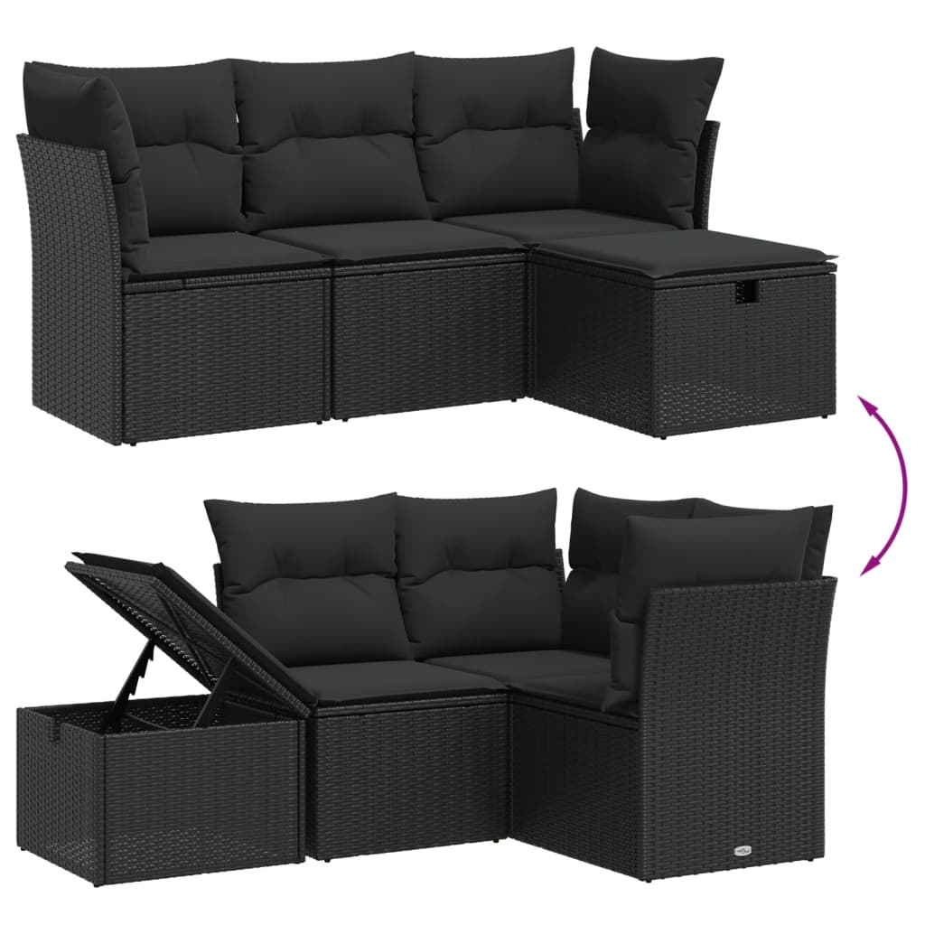 vidaXL Set Divani da Giardino 4 pz con Cuscini Nero in Polyrattan