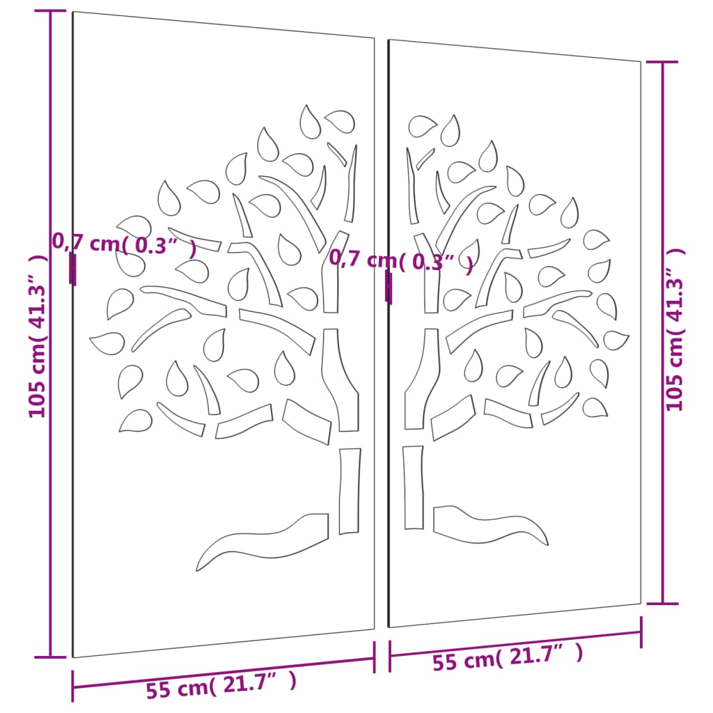 vidaXL Decorazioni Muro Giardino 2 pz 105x55 cm Albero Acciaio Corten