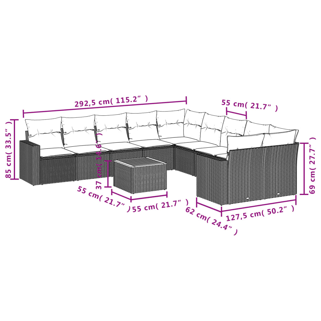 vidaXL Set Divani da Giardino 11 pz con Cuscini in Polyrattan Grigio