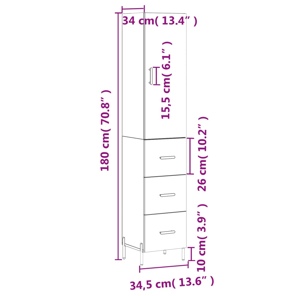 vidaXL Credenza Bianca 34,5x34x180 cm in Legno Multistrato