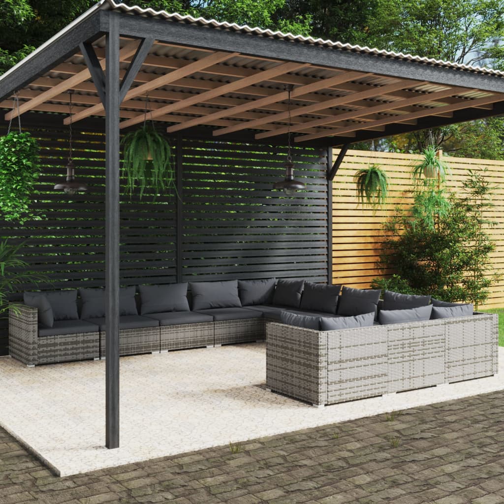 vidaXL Set Divani da Giardino 11 pz con Cuscini in Polyrattan Grigio